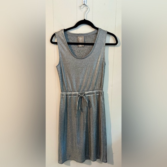 Anthropologie Dolan Metallic Silver Drawstring Ribbed Midi Dress, Size XS - Picture 5 of 10